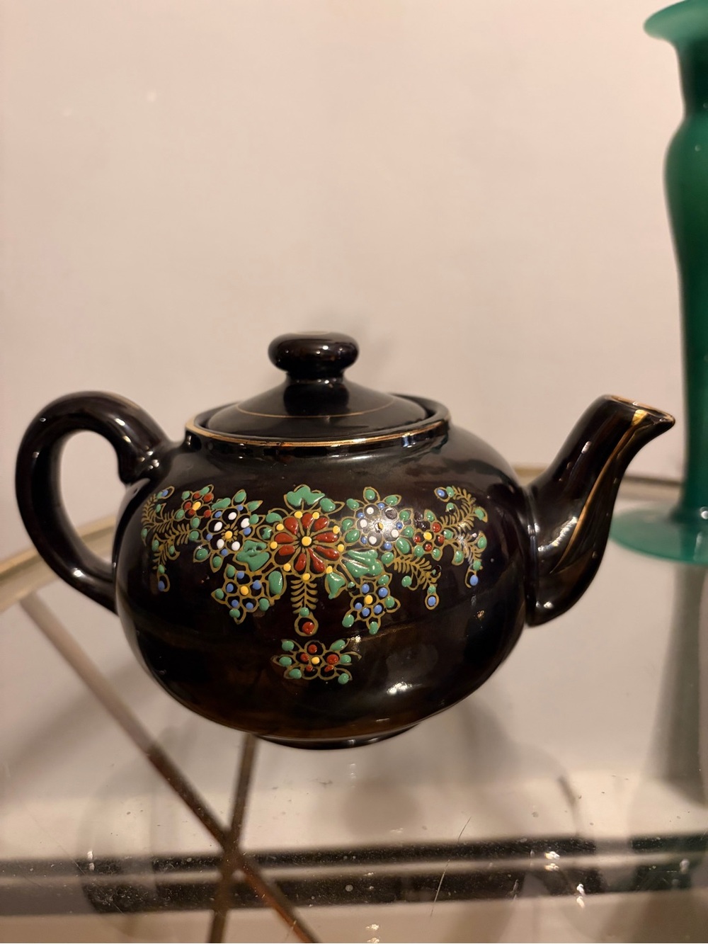 Vintage Japanese Moriage Redware Teapot - Brown Hand Painted Floral Gold Trim